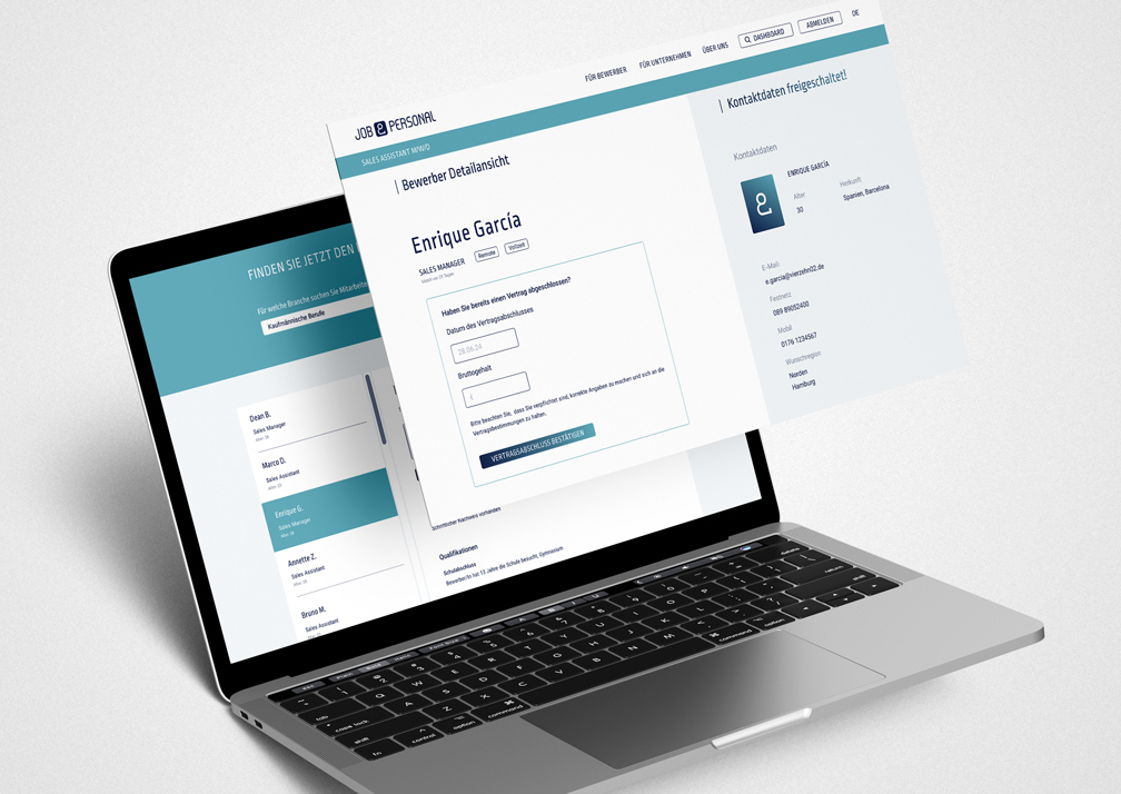 ein Laptop-Mockup zeigt eine Job&Personal-Website mit weißem Hintergrund